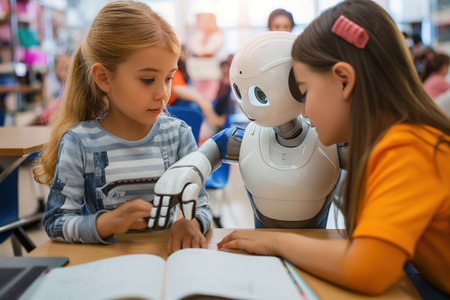 A robot helps students with their homework in class.の素材