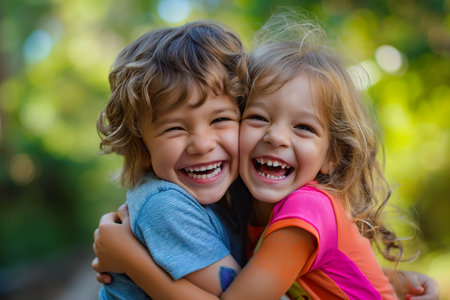 A couple of little brothers hug each other, laughing with happiness.の素材