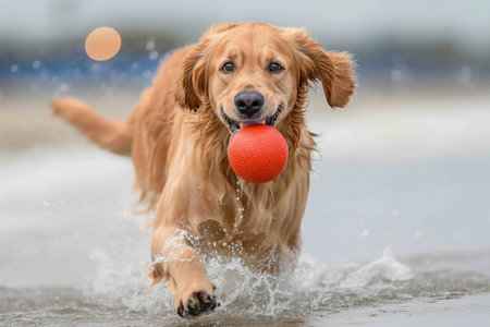 A young golden retriever dog has fun chasing a ball in the waves of a beach.の素材
