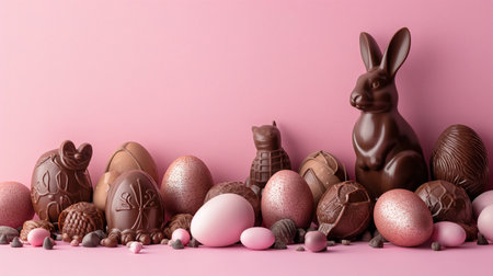 Pink background with easter eggs, delicious milk chocolate, copy space.の素材