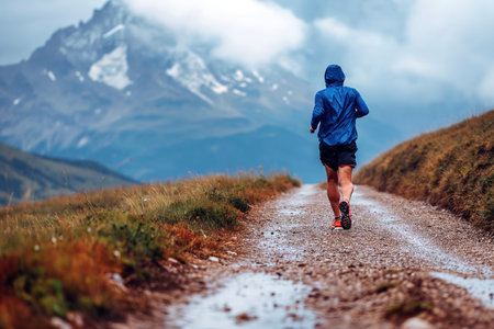 A mountain runner enjoys the trails, a day of rain and mud.の素材