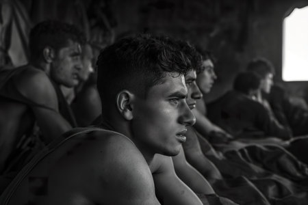 Documentary-style photography shows prisoners and enslaved workers, while they rest on the ground without shirts.の素材