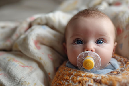 Wide angle shot of a baby with a funny pacifier in his mouthの素材