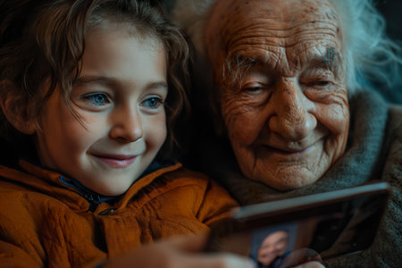 A grandfather and his granddaughter look at their cell phones to watch funny videos.の素材