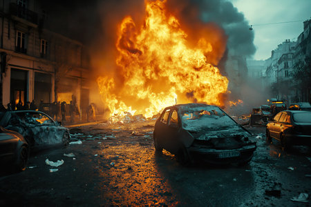 After the explosion of a car bomb, buildings and vehicles burn in the street.の素材