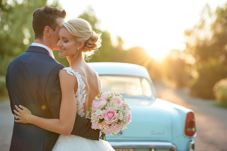 A bride and groom, radiant in wedding attire, stand lovingly in front of a vintage car, capturing the essence of their timeless love as they embark on their journey as one.の素材