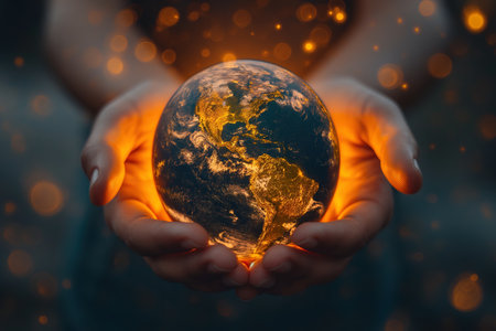A person holds a glowing Earth in their hands, showing the fragility and importance of our planet.の素材