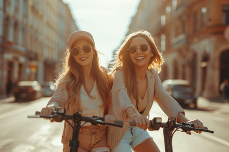 Two young women energetically ride their bicycles down a bustling city street, amidst cars and pedestrians.の素材