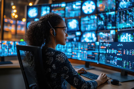 A woman is seated in front of a computer monitor, engaged in her work.の素材