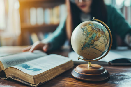 A person is seated at a table, engrossed in a book while a globe rests nearby.の素材