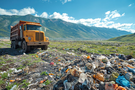 A dump truck is parked on the side of a mountain in a municipal garbage dump, surrounded by rugged terrain.の素材
