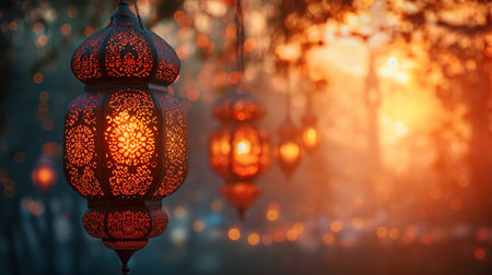 A cluster of red lanterns hanging from the branches of a tree in an outdoor setting.の素材
