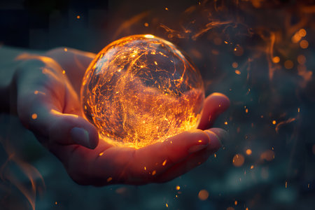A person is seen holding a ball that emits a soft glow in their hands.の素材