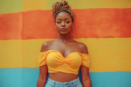 A woman stands confidently in front of a vibrant and eye-catching wall.の素材