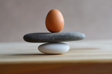 A brown egg sitting atop a collection of stones, showing the contrast between the smooth, oval shape and the rough, uneven texture of the rocks.の素材