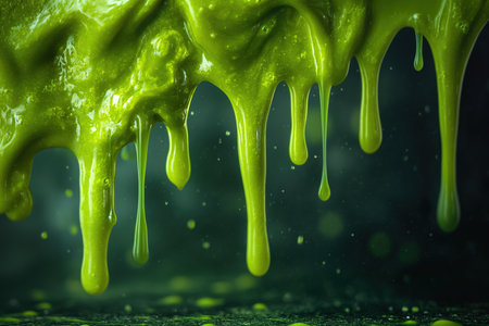 A mesmerizing close-up captures the fluid motion of vibrant green liquid cascading in an enchanting display.の素材