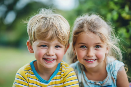 Two exuberant young children strike a pose, brimming with delight and displaying their authentic personalities.の素材