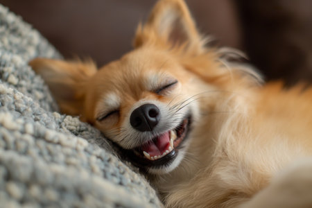 A mesmerizing photograph capturing the blissful moment of a tiny dog gracefully reclining atop a luxurious, comfortable sofa.の素材