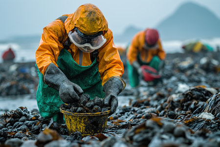 Workers collect waste and plastic garbage that the sea throws onto the coast.の素材