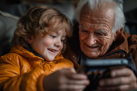 His granddaughter teaches his grandfather how to use the mobile phone.の素材