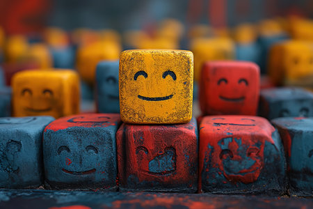 A vibrant and imaginative composition of colored blocks arranged to form a cheerful smiley face.の素材
