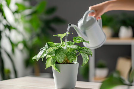 scene as a person gracefully pours water into a potted plant, bringing vitality to both foliage and soul.の素材