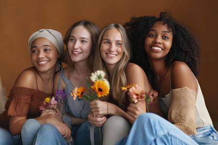 A vibrant group of young women sitting closely together, radiating joy and harmony as they engage in cheerful conversation and create a nurturing and uplifting environment.の素材