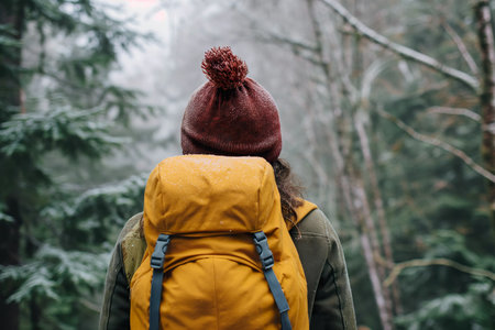 An adventurous girl walks with an explorer backpack through the forest on a snowy day.の素材