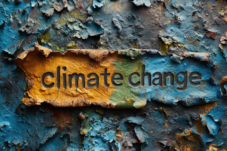 A sign adorned with the words Climate Change reflects our planets urgent need for action.の素材
