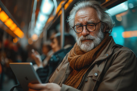A bearded man with glasses is captivated by a tablet, immersing himself in the digital world.の素材