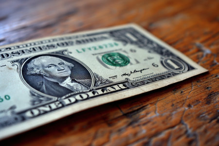 A lone, softly illuminated one dollar bill delicately lays on a weathered wooden table, creating a captivating contrast of textures between the paper and the wood.の素材