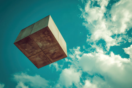 A surreal photograph capturing a square object seemingly defying gravity as it hovers effortlessly against a backdrop of boundless blue skies.の素材