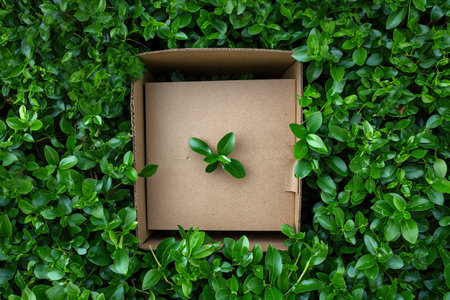 A cardboard box becomes an unlikely host to a vibrant plant, symbolizing the triumph of nature in our man-made world.の素材