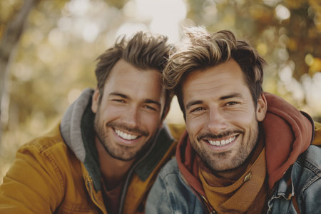 A photograph capturing two men standing side by side, displaying camaraderie and friendship.の素材