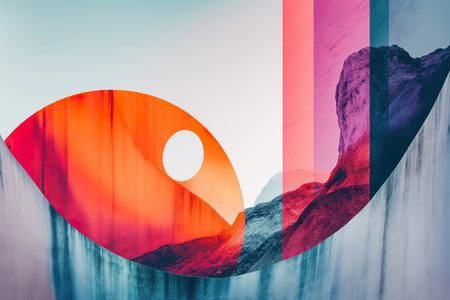 An abstract painting depicting an eye with a mountainous landscape in the background.の素材