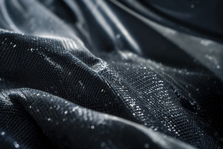 A detailed view of the texture and pattern of a black fabric, showing its intricate weave and smooth surface.の素材