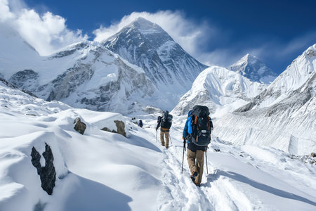 A diverse group of individuals hiking together up a steep snow-covered mountain as they navigate through icy terrain with determination and teamwork.の素材