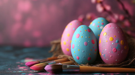 Easter egg decoration, with pink paint and grainy texture, copy spaec.の素材