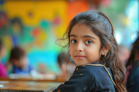 A young middle Asian girl is seated at a table in a classroom, engaged in learning activities.の素材