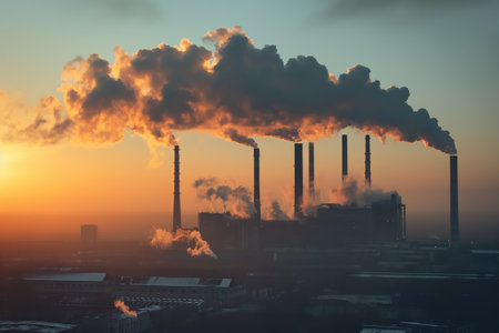 A factory releasing smoke and emissions into the air from its tall stacks.