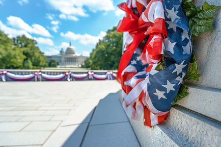 A festive wreath featuring stars in patriotic red, white, and blue colors.の素材