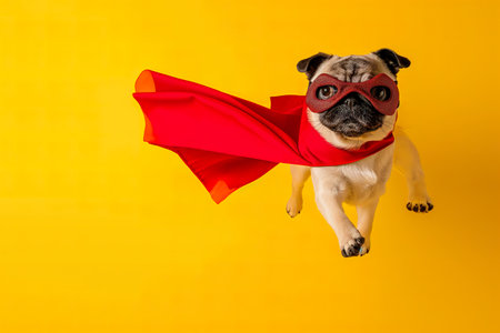 A pug dog dressed in a red cape and mask poses for the camera.の素材