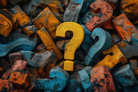 A collection of weathered metal letters, covered in rust, arranged in a heap, forming a question mark.の素材