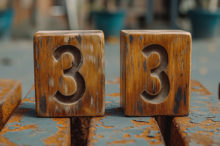 Two wooden blocks with numbers 33 on them are placed on a table.の素材