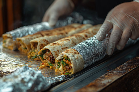 A person hand securely holds a delicious burrito wrapped in tin foil.の素材