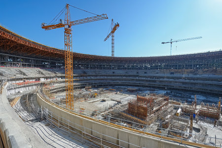 A large sports stadium undergoing construction with numerous construction equipment on-site.の素材