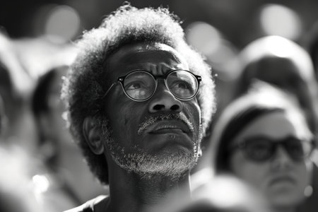 A simple black and white photograph capturing the image of a man wearing glasses.の素材