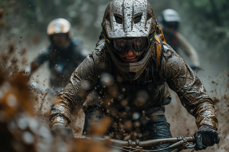 A man energetically rides his bike down a muddy road, navigating through the challenging terrain with skill and determination.の素材
