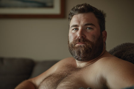 Chubby man, shirtless, at home.の素材