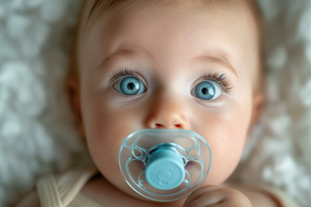 A captivating photo of a Cherubic infant finding solace and tranquility as it soothes with a beloved pacifier in its mouth.の素材
